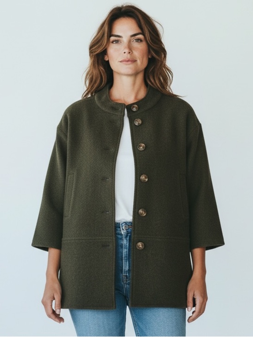 Jones NY Dark Green Vintage Merino Wool Button Crop Jacket PL Minimal Old Money